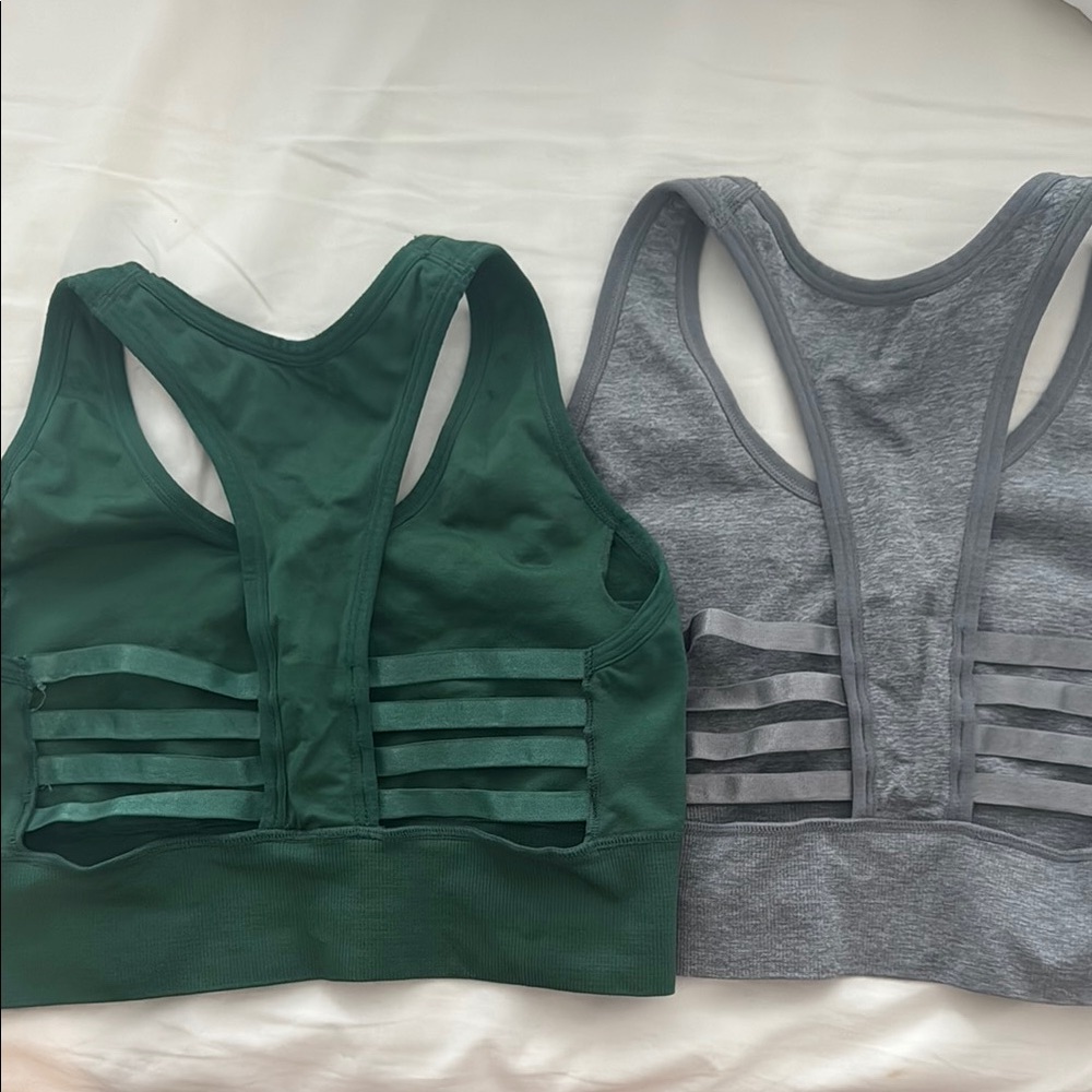 Green and Gray Sports Bras with Racerback Design and Cutout Details